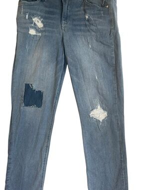 Women's Distressed Cropped Jeans with Patch - Blue Size 12